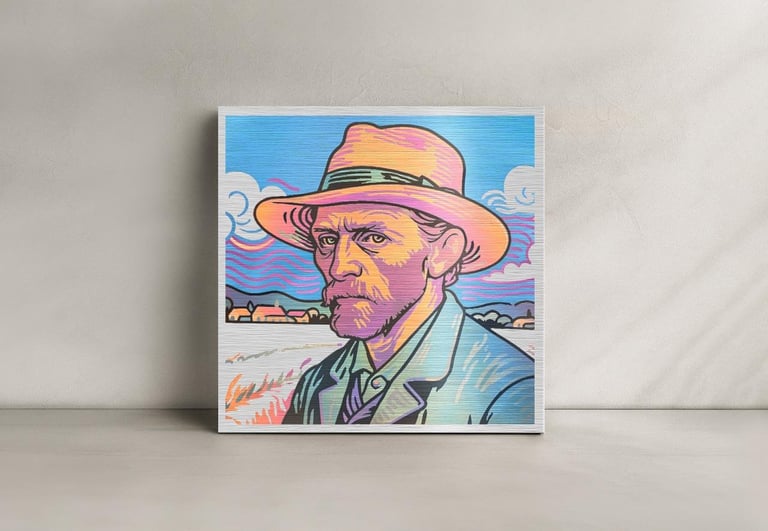 Colorful portrait of man wearing orange hat and blue shirt, displayed as canvas artwork on white wall